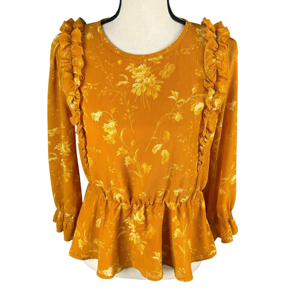 Madewell Marigold Orange‎ Ruffle-Shoulder Peplum Top in Tonal Botanical Size S